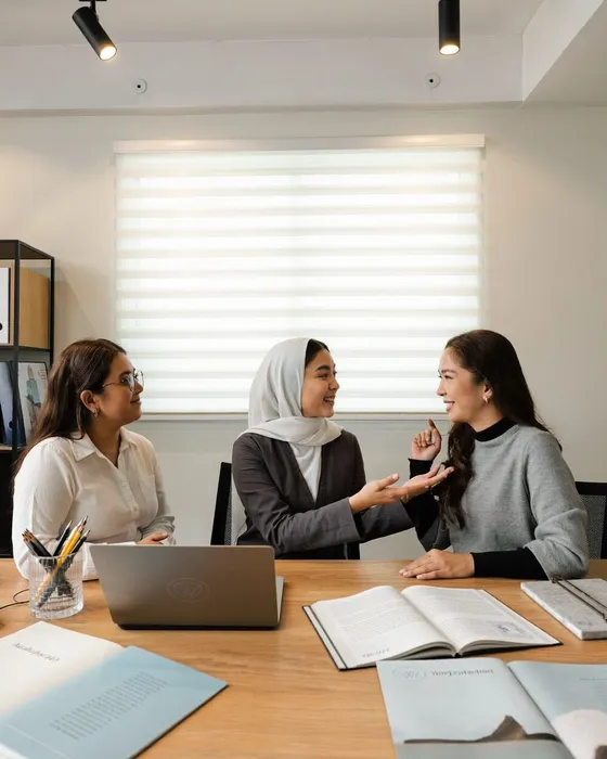 A consultant in a headscarf talking with two women at a table with brochures